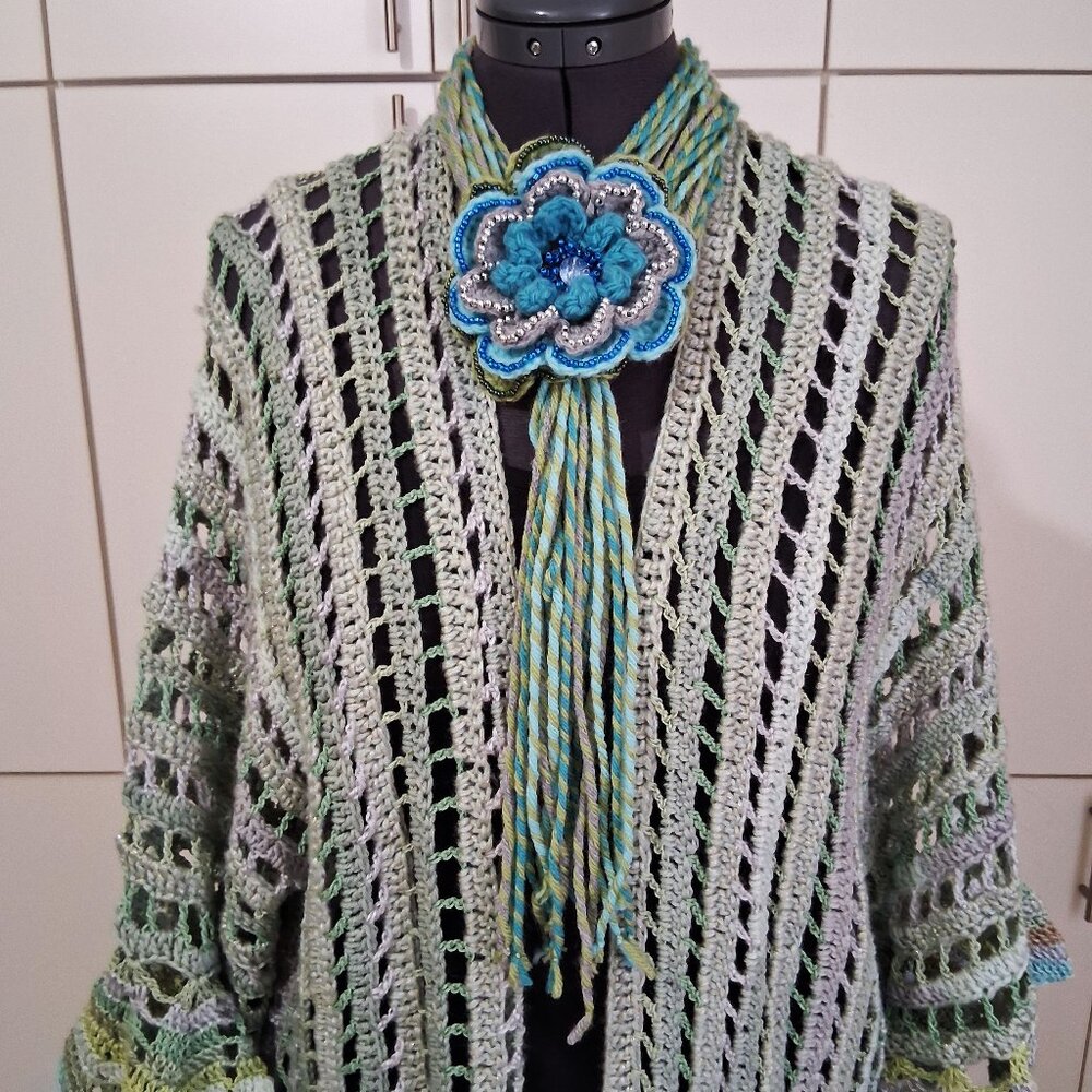 Light Green Mesh Boho Long Ruffle Edge Sweater Large xl - Picture 3 of 9